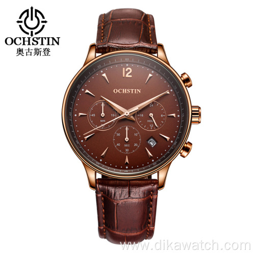 OCHSTIN 050 Fashion Watches Men Chronograph Sub-dial Waterproof Leather Wristwatch 2021 Classic Male Quartz Sports Watch